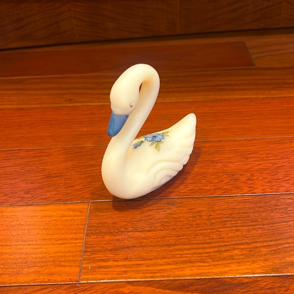 Fenton Swan Figurine light blue flower Cameo Satin Glass Hand Painted Signed